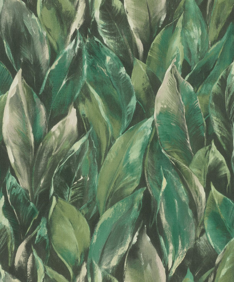 Обои с листьями на фактурной поверхности: темно-зеленый, RASCH, 2031401 RASCH