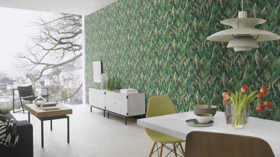 Wallpaper with leaves on textured surface: dark green, RASCH, 2031401 RASCH