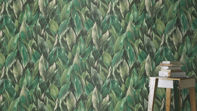 Wallpaper with leaves on textured surface: dark green, RASCH, 2031401 RASCH