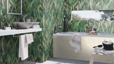 Wallpaper with leaves on textured surface: dark green, RASCH, 2031401 RASCH