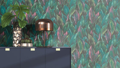 Wallpaper with leaves on textured surface: green and pink, RASCH, 2031410 RASCH