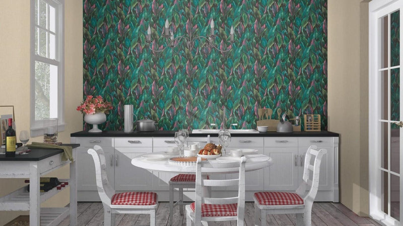 Wallpaper with leaves on textured surface: green and pink, RASCH, 2031410 RASCH