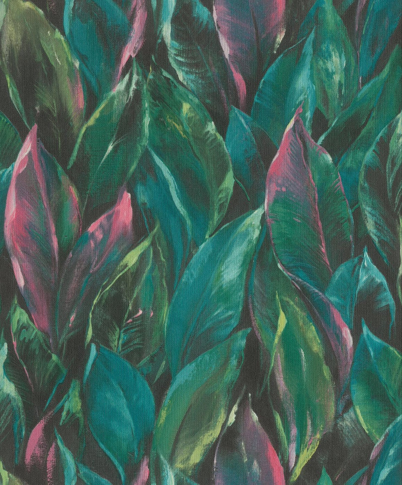 Wallpaper with leaves on textured surface: green and pink, RASCH, 2031410 RASCH