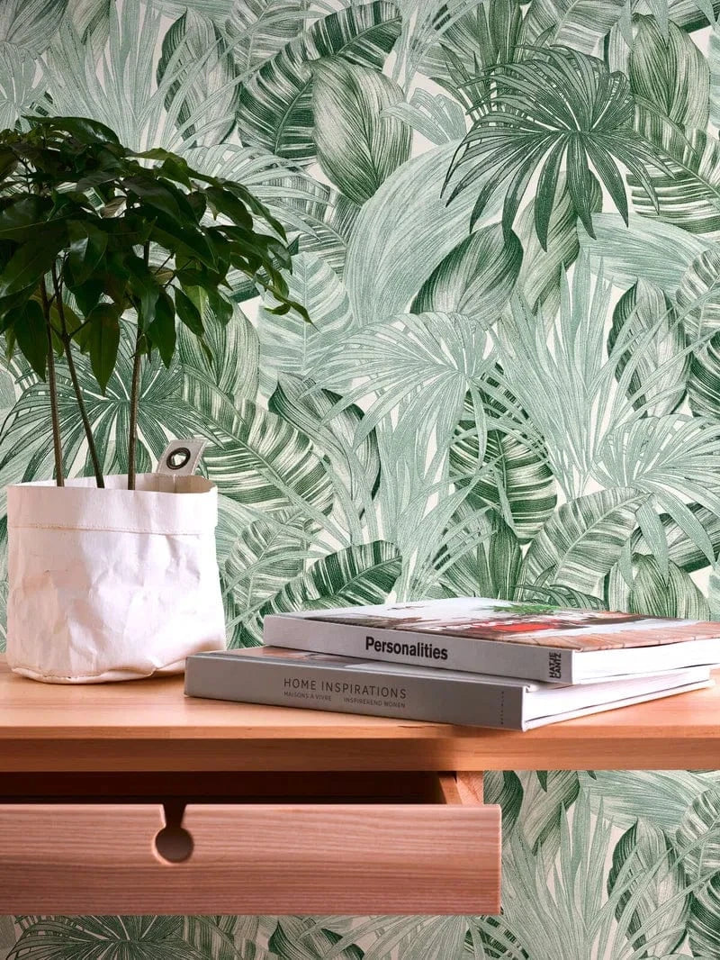 Tapešu raksts ar lapu motīvu zīmēšanas stilā - zaļš, balts AS Creation