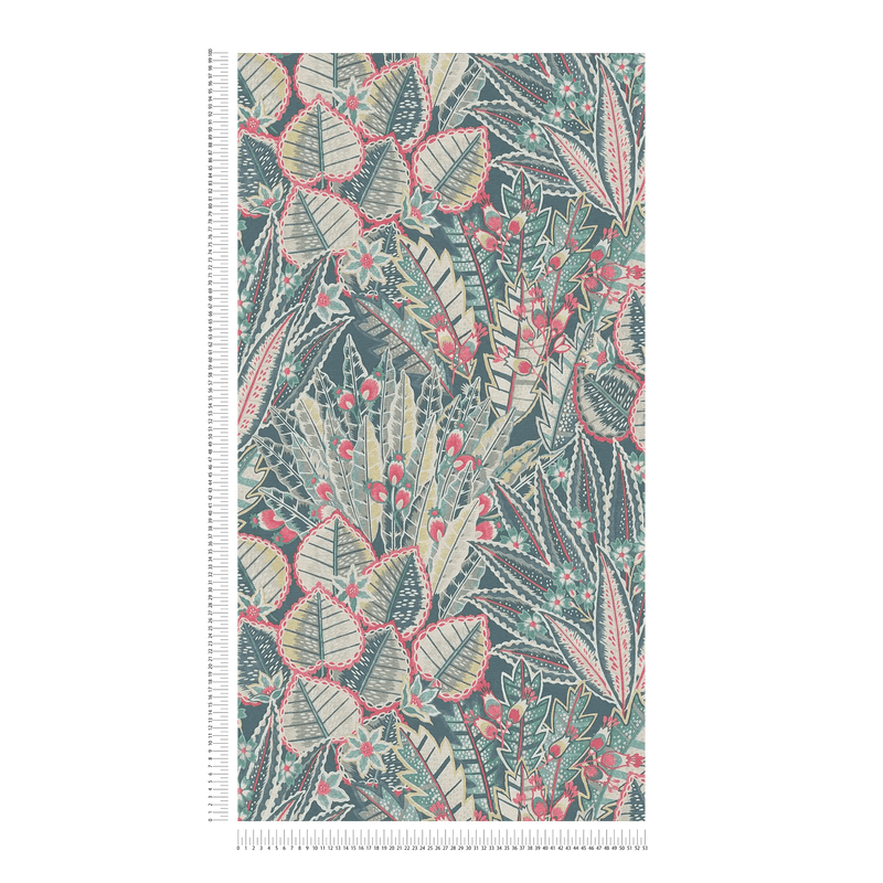 Jungle wallpaper with leaf pattern - blue, green, red, 396532 AS Creation