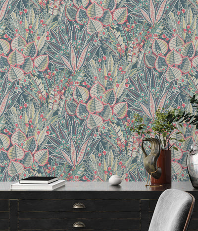 Jungle wallpaper with leaf pattern - blue, green, red, 396532 AS Creation