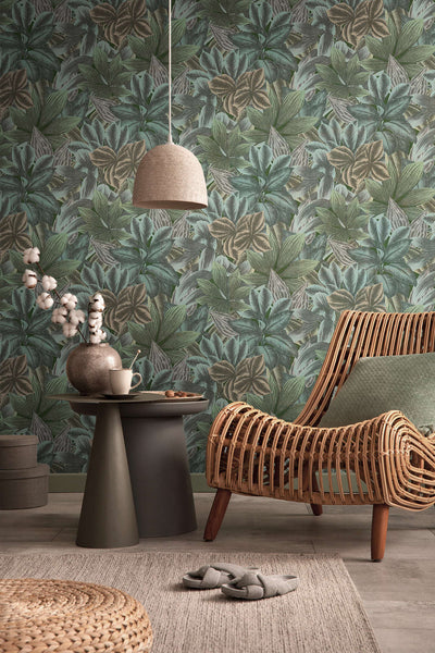 Wallpaper with leaf pattern and tropical look in shades of green, 1376037 AS Creation