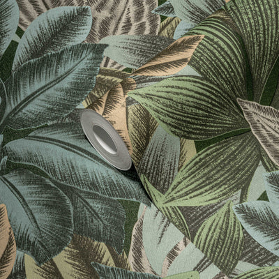 Wallpaper with leaf pattern and tropical look in shades of green, 1376037 AS Creation