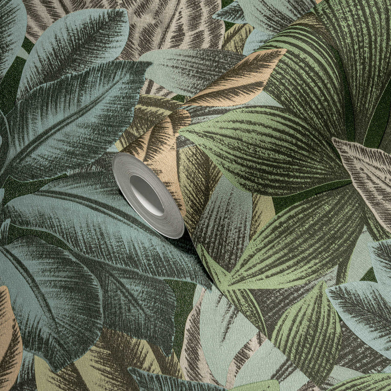 Wallpaper with leaf pattern and tropical look in shades of green, 1376037 AS Creation