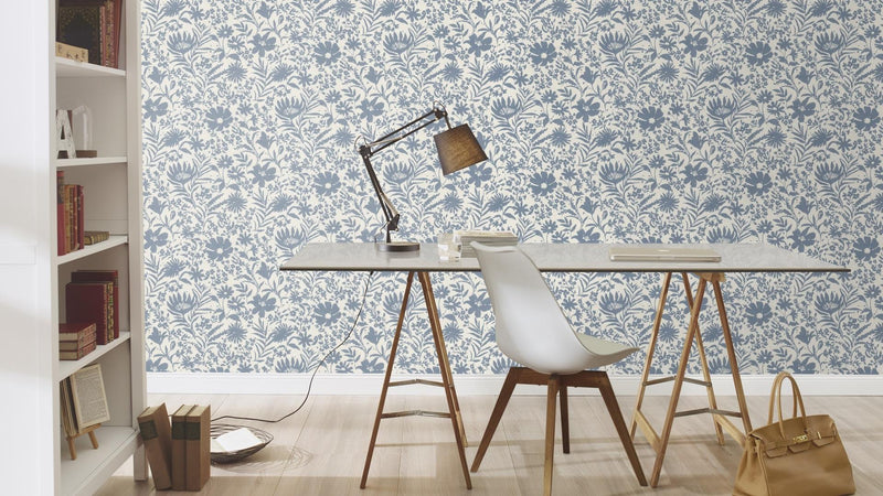 Wallpaper with country flowers, blue and white, RASCH, 1205252 AS Creation