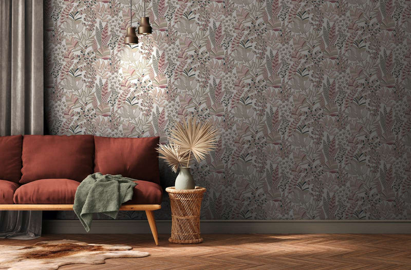 Wallpaper with large leaves with light sheen, pink, beige, 1373452 AS Creation