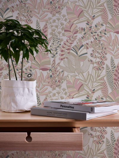 Wallpaper with large leaves with light sheen, pink, beige, 1373452 AS Creation