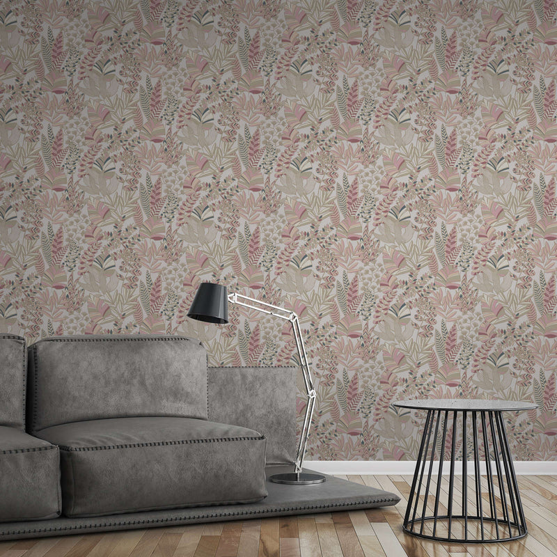 Wallpaper with large leaves with light sheen, pink, beige, 1373452 AS Creation