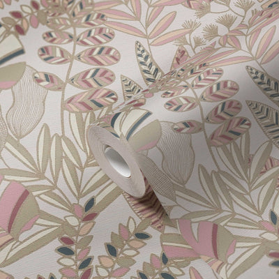 Wallpaper with large leaves with light sheen, pink, beige, 1373452 AS Creation