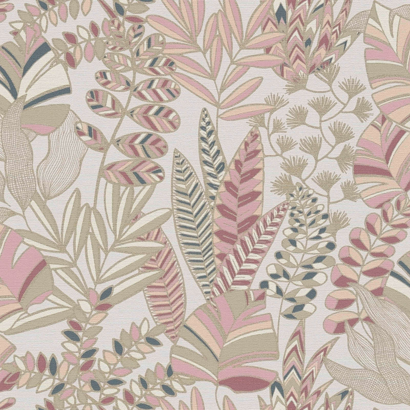 Wallpaper with large leaves with light sheen, pink, beige, 1373452 AS Creation