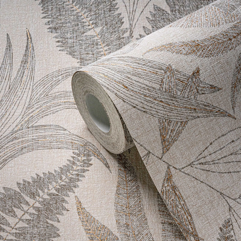 Large leaf pattern lightly textured wallpaper - beige, gold, 1406401 AS Creation