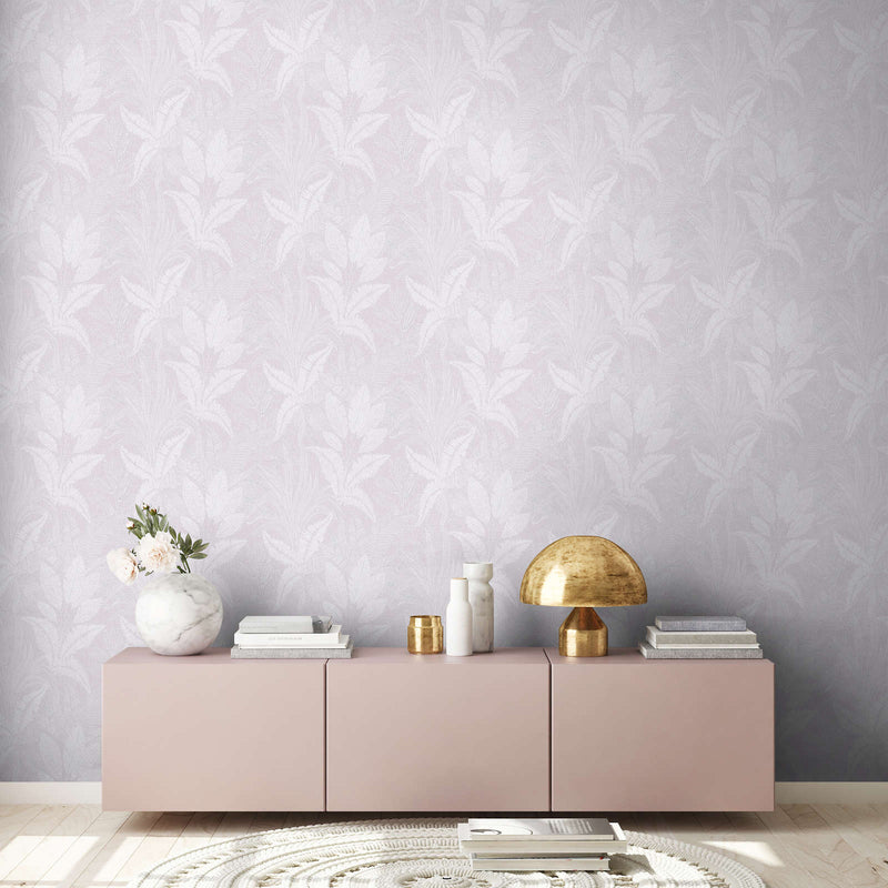 Large leaf pattern lightly textured wallpaper in light purple, 1406400 AS Creation