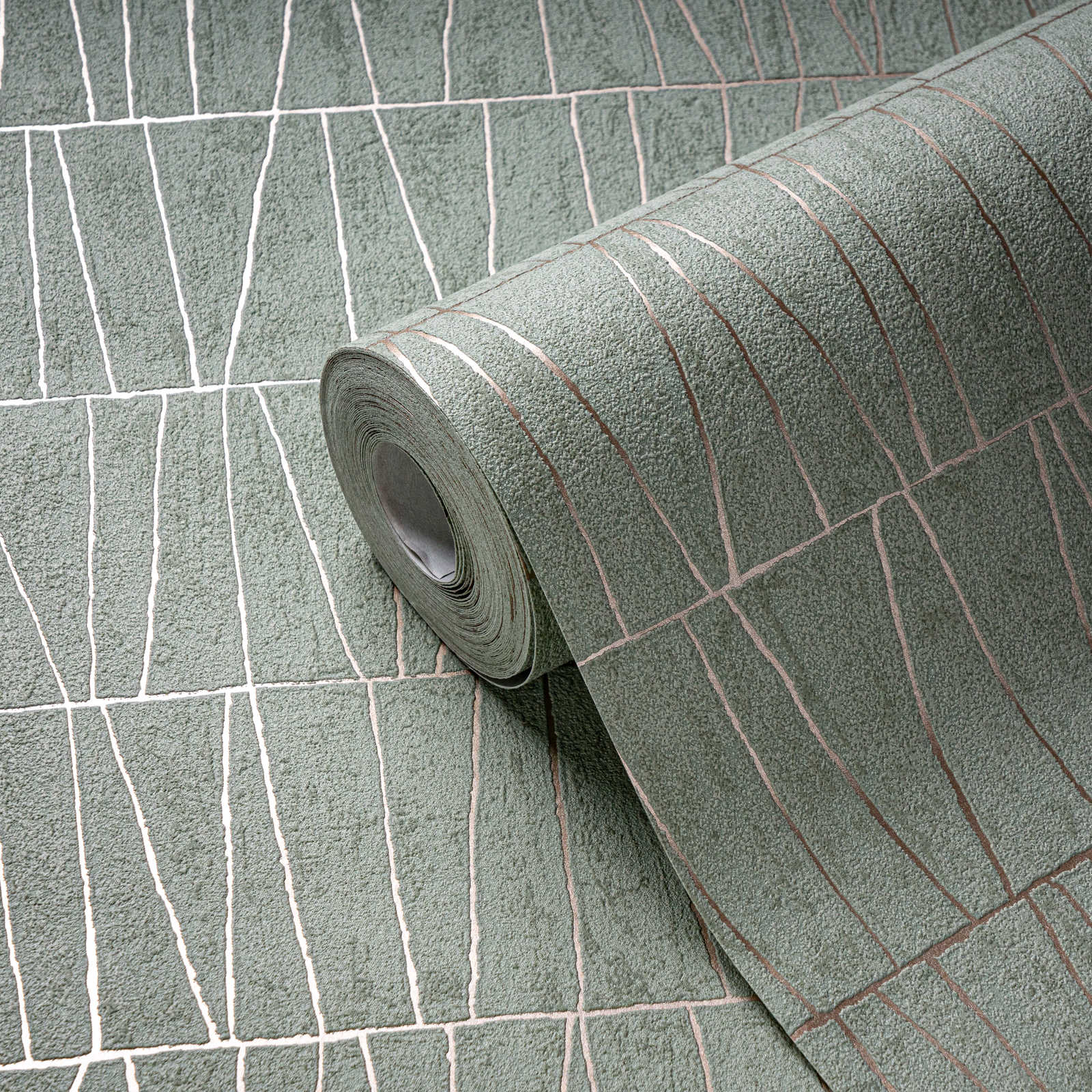 Tapetes ar līnijām un ģeometrisko mozaīku - zaļa, zelta krāsā, 395061 AS Creation