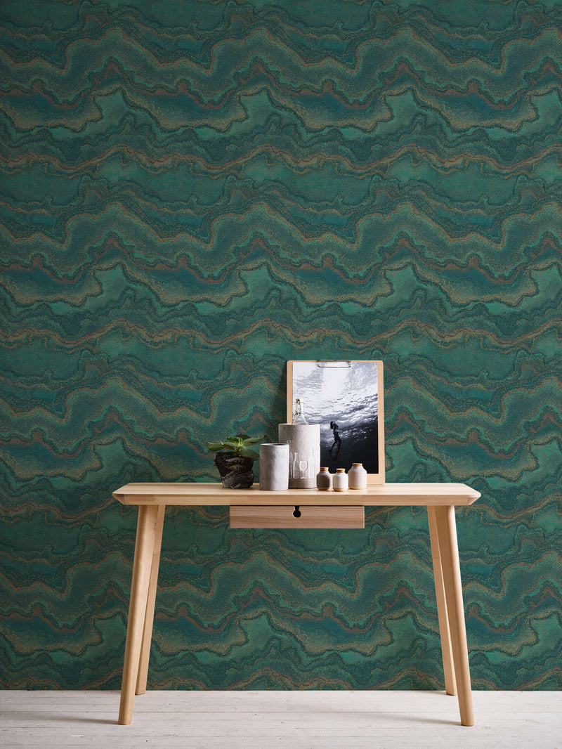 Wallpaper with marble pattern with metallic effect - green, gold, 1406461 AS Creation