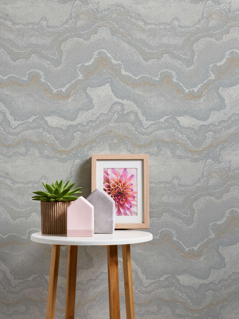 Wallpaper with marble pattern - grey and gold, 1406463 AS Creation