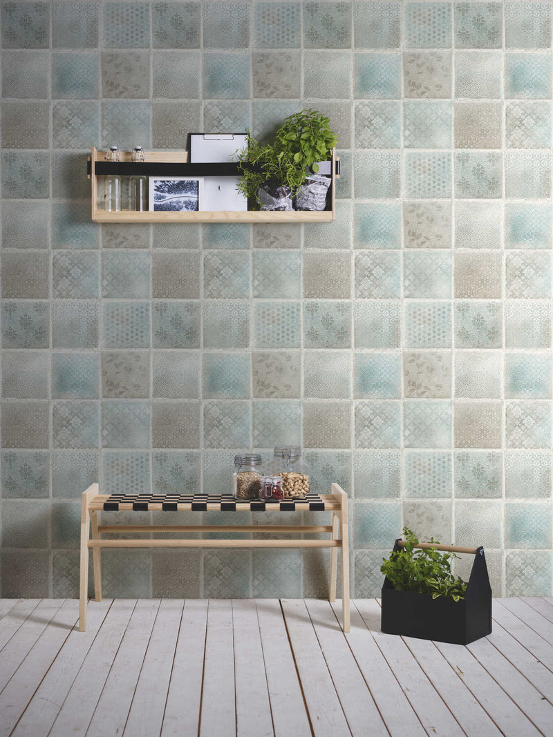 Wallpaper with mosaic and tile appearance - blue and green, 1332171 AS Creation