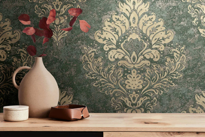 Tapetes ar ornamentiem zaļā un zeltā krāsā - 379011, atlikums: 2 ruļļi AS Creation