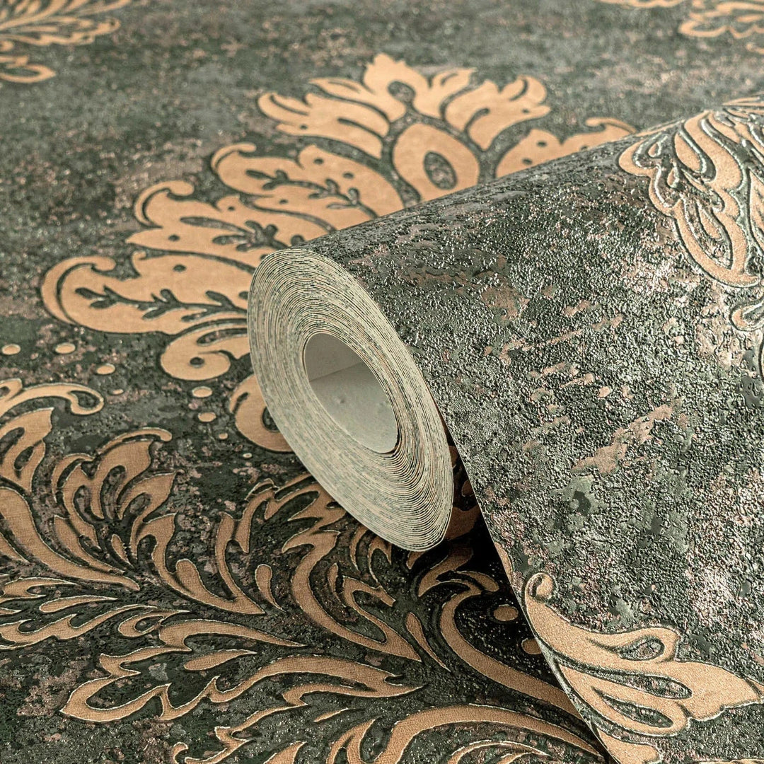 Tapetes ar ornamentiem zaļā un zeltā krāsā - 379011, atlikums: 2 ruļļi AS Creation