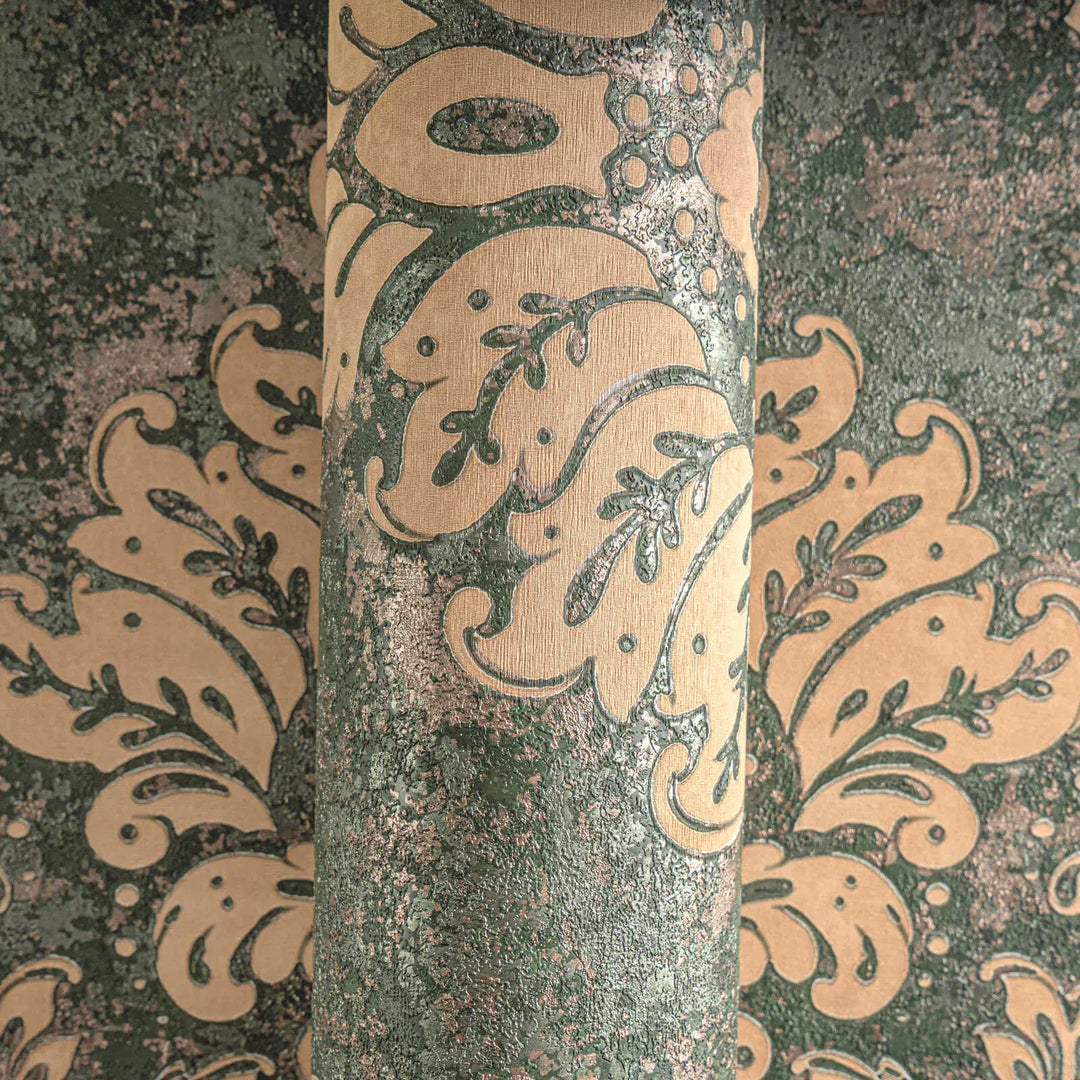 Tapetes ar ornamentiem zaļā un zeltā krāsā - 379011, atlikums: 2 ruļļi AS Creation