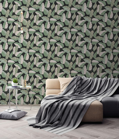 Wallpaper with palm leaves with light sheen, green, black, 1373436 AS Creation