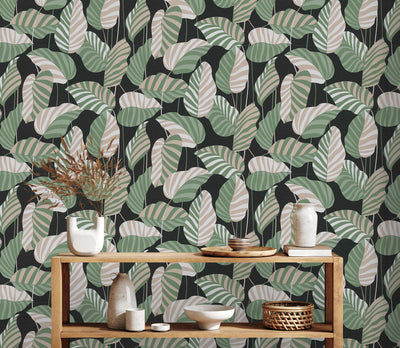 Wallpaper with palm leaves with light sheen, green, black, 1373436 AS Creation