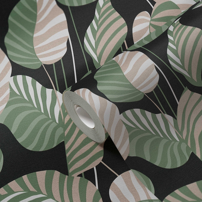 Wallpaper with palm leaves with light sheen, green, black, 1373436 AS Creation