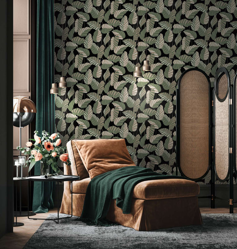 Wallpaper with palm leaves with light sheen, green, black, 1373436 AS Creation