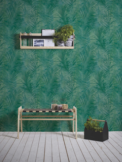 Wallpaper with palm leaves in dark green, matt,1332540 AS Creation