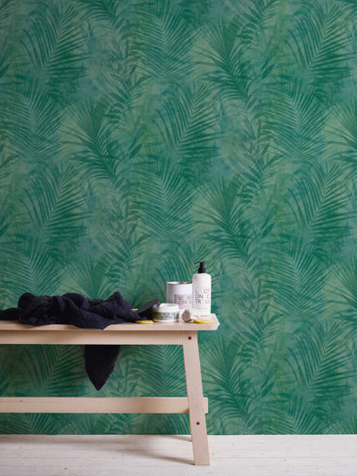 Wallpaper with palm leaves in dark green, matt,1332540 AS Creation