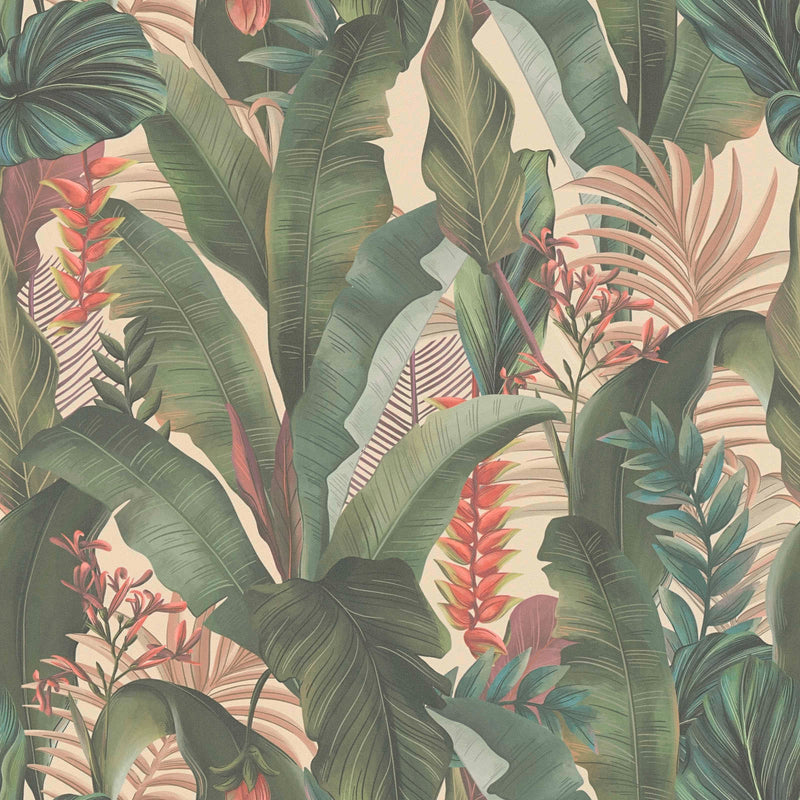 Wallpaper with palm leaves and exotic flowers, 1402157 AS Creation