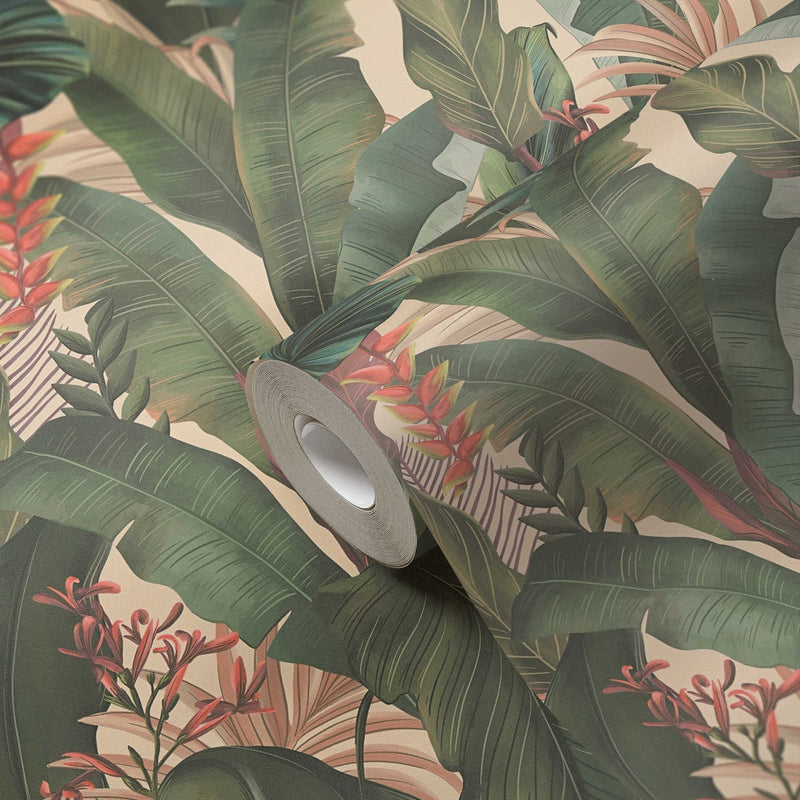 Wallpaper with palm leaves and exotic flowers, 1402157 AS Creation