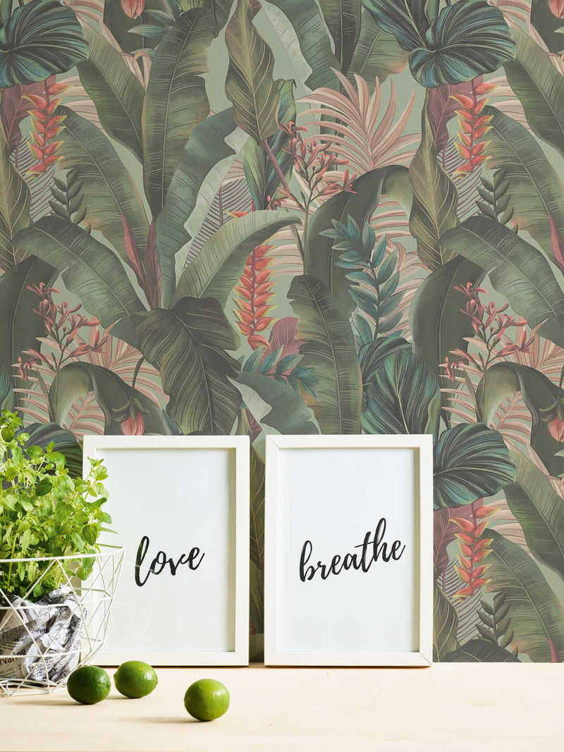 Wallpaper with palm leaves and exotic flowers, green, pink, 1402161 AS Creation