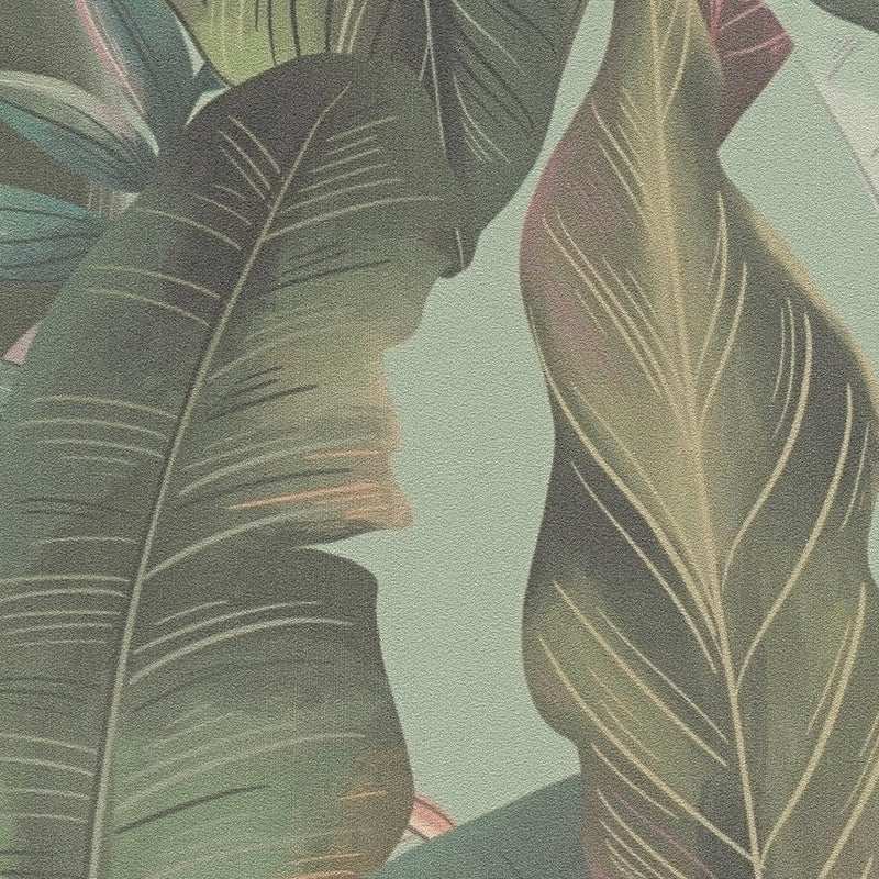 Wallpaper with palm leaves and exotic flowers, green, pink, 1402161 AS Creation