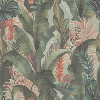 Обои с пальмовыми листьями и экзотическими цветами, зеленые, розовые, 1402161 AS Creation