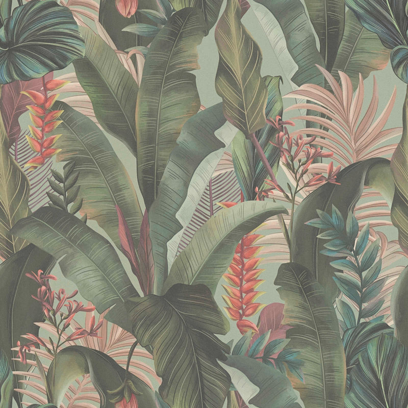 Wallpaper with palm leaves and exotic flowers, green, pink, 1402161 AS Creation