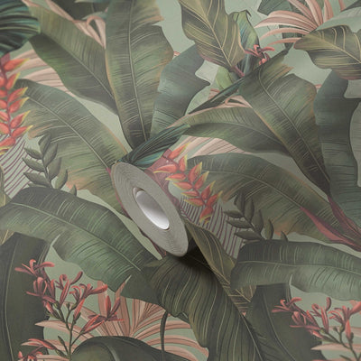 Wallpaper with palm leaves and exotic flowers, green, pink, 1402161 AS Creation