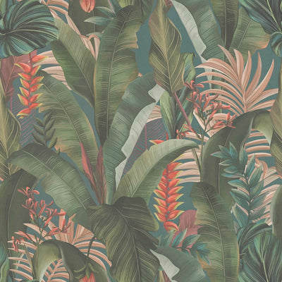 Tapetes ar palmu lapām un eksotiskiem ziediem, zaļā, zilā, rozā, 1402160 AS Creation