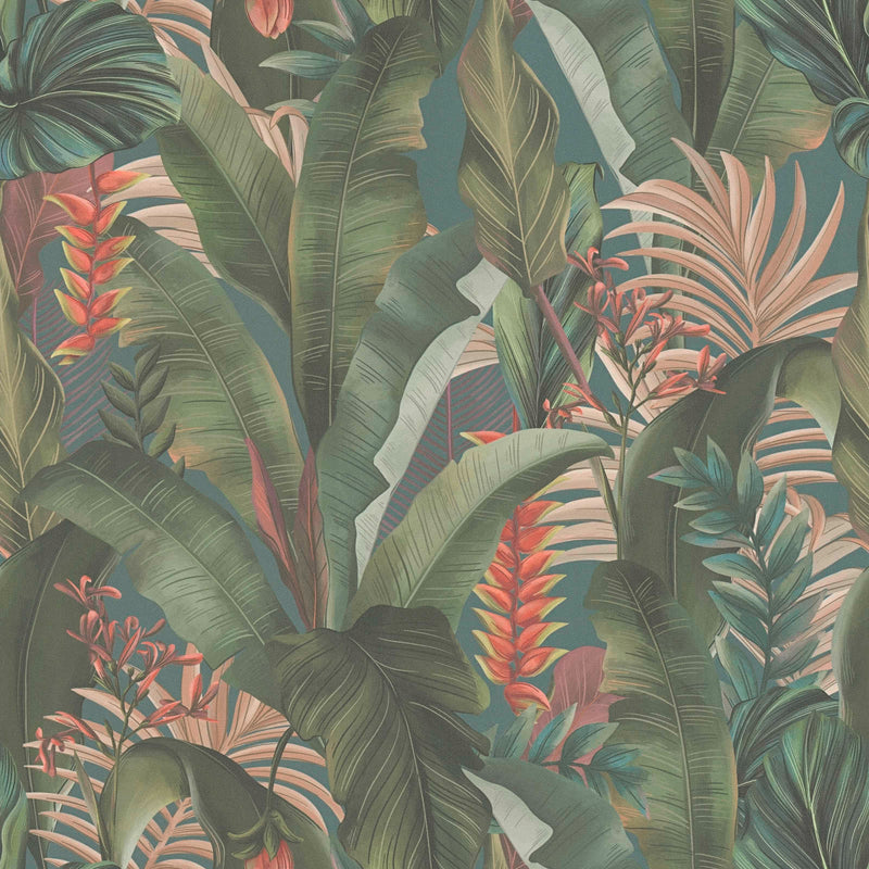 Wallpaper with palm leaves and exotic flowers, green, blue, pink, 1402160 AS Creation