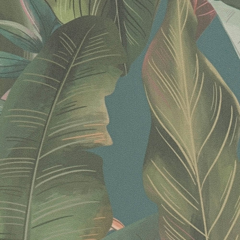 Wallpaper with palm leaves and exotic flowers, green, blue, pink, 1402160 AS Creation
