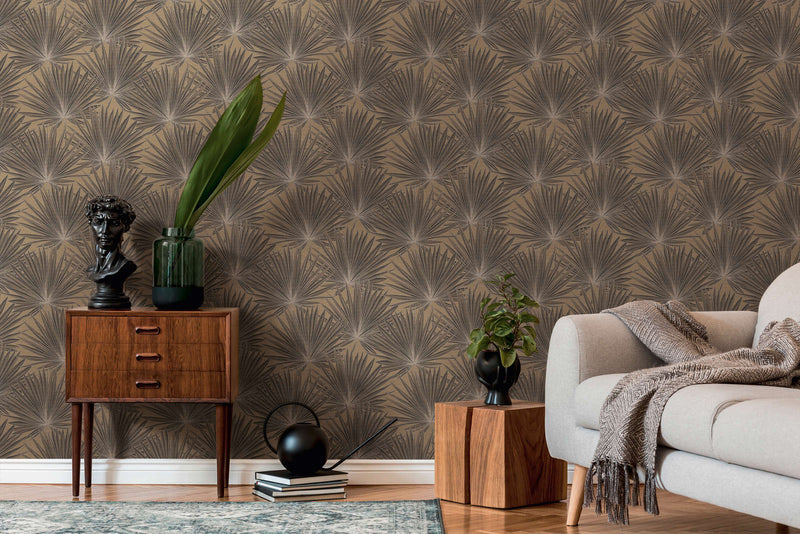 Wallpaper with palm leaves and glossy effect, brown, black, 1373370 AS Creation