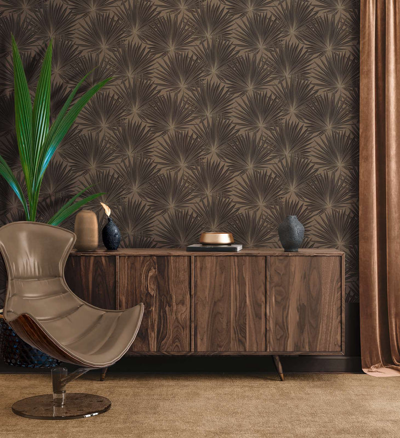 Wallpaper with palm leaves and glossy effect, brown, black, 1373370 AS Creation