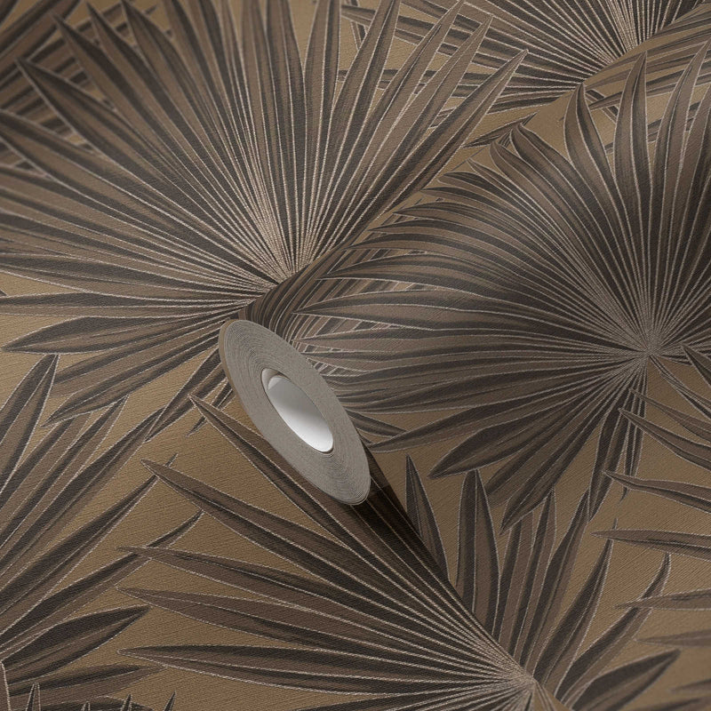 Taustakuva palmunlehdillä ja kiiltävällä efektillä, ruskea, musta, 1373370 AS Creation