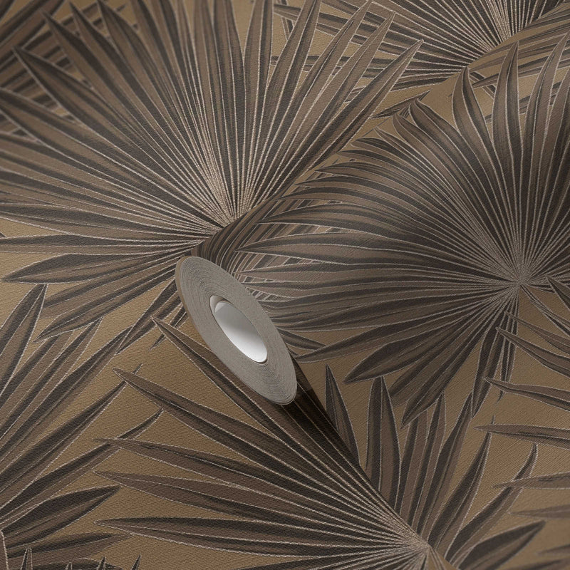 Wallpaper with palm leaves and glossy effect, brown, black, 1373370 AS Creation