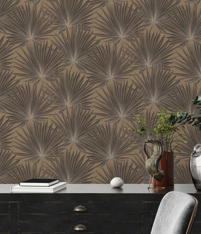 Wallpaper with palm leaves and glossy effect, brown, black, 1373370 AS Creation