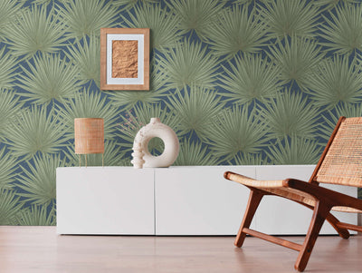 Wallpaper with palm leaves on green background, 1373371 AS Creation